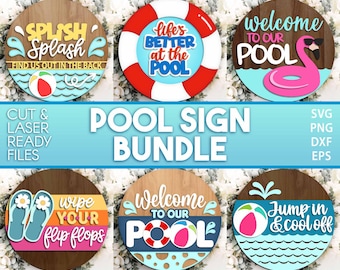 Pool Laser Schild Bundle, runde Türschild svg, Glowforge Laser-Datei, Cricut, Willkommensschild svg, Sommer Türschild svg