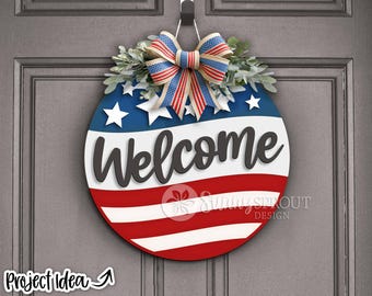 Welcome American Flag Star Sign, SVG Laser Cut File, Cricut, Round