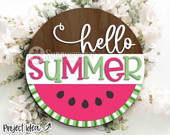 Hello Summer Watermelon Sign, Digital Download, SVG Laser Cut File, Cricut, Round Door Hanger Design