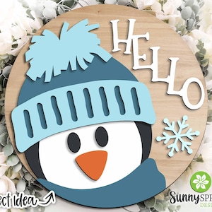 Letrero de pingüino de invierno, descarga digital, colgador de puerta redondo SVG, letrero navideño, archivo de corte láser Glowforge, Cricut, decoración de invierno