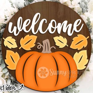 Welcome Pumpkin & Leaves Sign, DIGITAL download, Round door hanger svg, Glowforge laser file, Cricut, Autumn welcome sign svg, Hello Fall