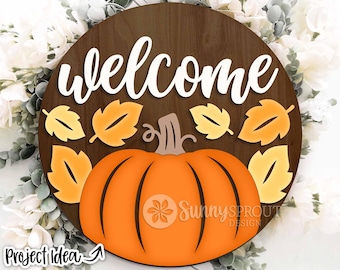 Welcome Pumpkin & Leaves Sign, Digital Download, SVG Laser Cut File, Cricut, Round Fall Door Hanger Design