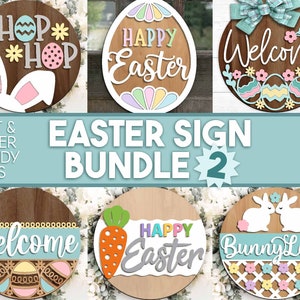 Paquete de 2 carteles de Pascua, descarga digital, colgador de puerta redondo SVG, archivo láser Glowforge, archivo de corte Cricut, silueta, cartel de bienvenida de primavera SVG
