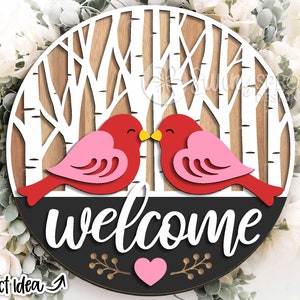 Placa de boas-vindas "Pássaros do Amor", Download digital, Suporte de porta redondo svg, Arquivo laser Glowforge, Cricut, Decoração de Dia dos Namorados, Suporte de porta em formato de coração