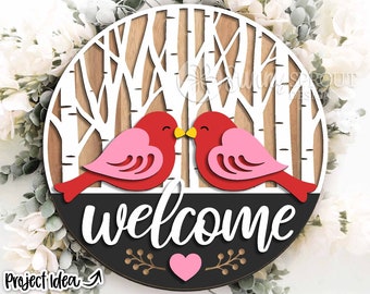 Willkommensschild mit Liebesvogel-Birke, digitaler Download, SVG-Laserschnittdatei, Cricut, rundes Türhänger-Design, Valentinstagsdeko