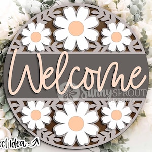 Bienvenue fleur motif signe, téléchargement numérique, accroche-porte rond svg, fichier laser Glowforge, Cricut, décoration de printemps, été, enseigne de porte florale