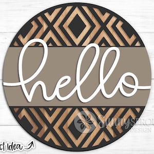 Bonjour panneau de bienvenue géométrique, téléchargement numérique, accroche-porte rond svg, fichier découpé au laser Glowforge, motif moderne, décor de porte de ferme