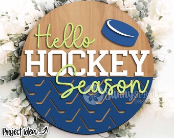 Hello Hockey Season Sign, Digital Download, SVG Laser Cut File, Cricut, Round Door Hanger Design, Sports Decor