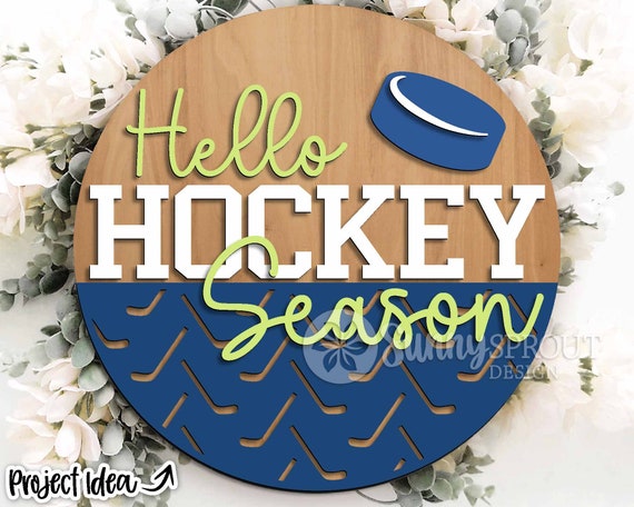 Hello Hockey Season Sign, Digital Download, SVG Laser Cut File, Cricut, Round Door Hanger Design, Sports Decor