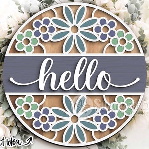 Hallo Blumen-Muster Runde Zeichen, Digitaler Download, Runde Tür Aufhänger svg, Glowforge Laser-Datei, Cricut cut Datei, Frühling Sommer Willkommen svg