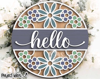 Letrero redondo con estampado floral "Hola", descarga digital, archivo SVG para corte láser, Cricut, diseño redondo para colgar en la puerta, decoración de Pascua, primavera y verano.