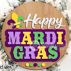 Letrero de flor de lis de feliz carnaval, descarga digital, colgador de puerta redondo svg, archivo láser Glowforge, Cricut, Martes de Carnaval svg, decoración de carnaval