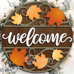 Bienvenue feuille d'érable motif signe, téléchargement numérique, accroche-porte rond svg, fichier laser Glowforge, Cricut, signe automne svg