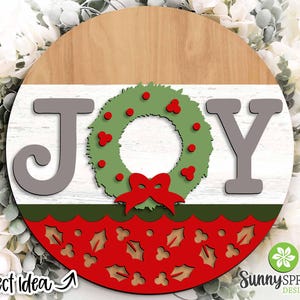 Letrero con patrón de acebo de corona JOY, descarga digital, colgador de puerta redondo SVG, archivo de corte láser Glowforge, Cricut, invierno, decoración navideña SVG