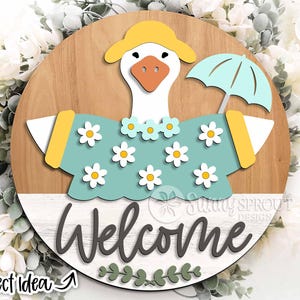 Goose Welcome Spring Sign, Digital download, Round door hanger svg, Glowforge laser file, Cricut, Floral spring svg, Interchangeable outfit