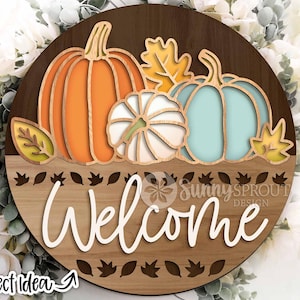 Willkommen Herbst Kürbis Blatt Umriss Zeichen, digitaler Download, SVG Laser geschnitten Datei, Cricut, Türschild Türschild Design