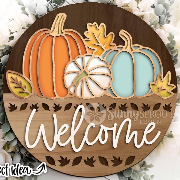 Welcome Fall Pumpkin Leaf Outline Sign, Digital Download, SVG Laser Cut File, Cricut, Round Door Hanger Design
