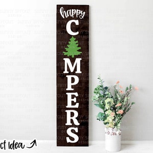 Letrero para porche "Happy Campers" (descarga digital/archivo para imprimir, Cricut, archivo de corte de silueta) / Diseño de letrero vertical para puerta de camping / SVG, PNG, DXF, EPS