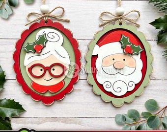 Santa & Mrs. Claus Portrait Ornaments Bundle, Digital Download, SVG Laser Cut File, Cricut, Christmas Tree Designs