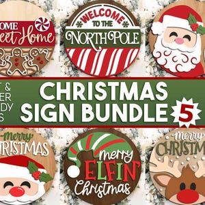 Christmas Laser Sign Bundle 5, Digital download, Round door hanger, Glowforge laser cut file, Holiday welcome sign svg, Winter decor svg