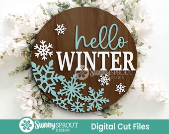 Hello Winter Snowflakes Sign, Round door hanger svg, Glowforge laser file, Cricut, Winter door decor, Winter welcome sign