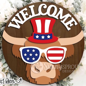 Welkom teken patriottische koe, digitale download, ronde deurhanger svg, Glowforge laserbestand, Cricut, 4 juli svg, Independence Day decor