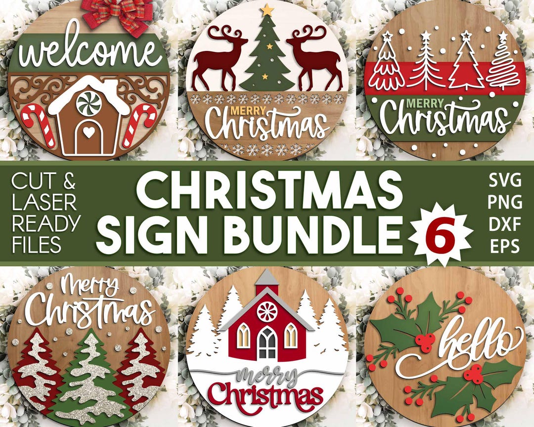 Christmas Laser Sign Bundle 6, Round Door Hanger, Glowforge Laser Cut ...