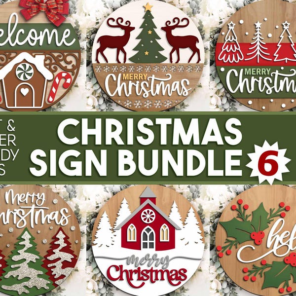 Christmas Laser Sign Bundle 6, Round door hanger, Glowforge laser cut file, Holiday welcome sign svg, Winter decor svg