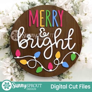 Merry & Bright String Lights, Winter round door hanger svg, Christmas sign, Cricut, Silhouette, Glowforge laser cut file