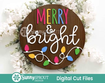 Merry & Bright String Light Sign, Digital download, SVG laser cut file, Cricut, Round door hanger design, Christmas decor