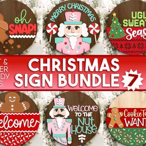 Christmas Laser Sign Bundle 7, Digital download, Round door hanger, Glowforge laser cut file, Holiday welcome sign svg, Winter decor svg