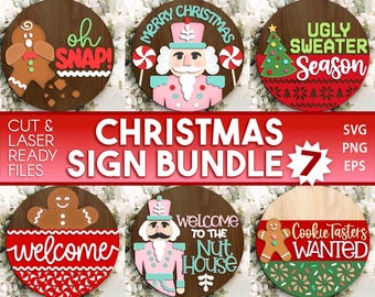 Christmas Laser Sign Bundle 7, Round door hanger, Glowforge laser cut file, Holiday welcome sign svg, Winter decor svg