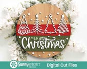 Merry Christmas Hand Drawn Trees Sign, Digital Download, SVG Laser Cut File, Cricut, Round Door Hanger Design