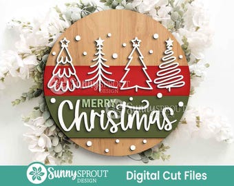 Merry Christmas Hand Drawn Trees Sign, Digital Download, SVG Laser Cut File, Cricut, Round Door Hanger Design