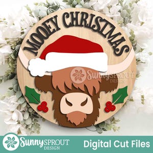 Mooey Christmas Highland Cow Sign, Digital Download, SVG Laser Cut File, Cricut, Round Door Hanger Design, Farmhouse Decor image 2