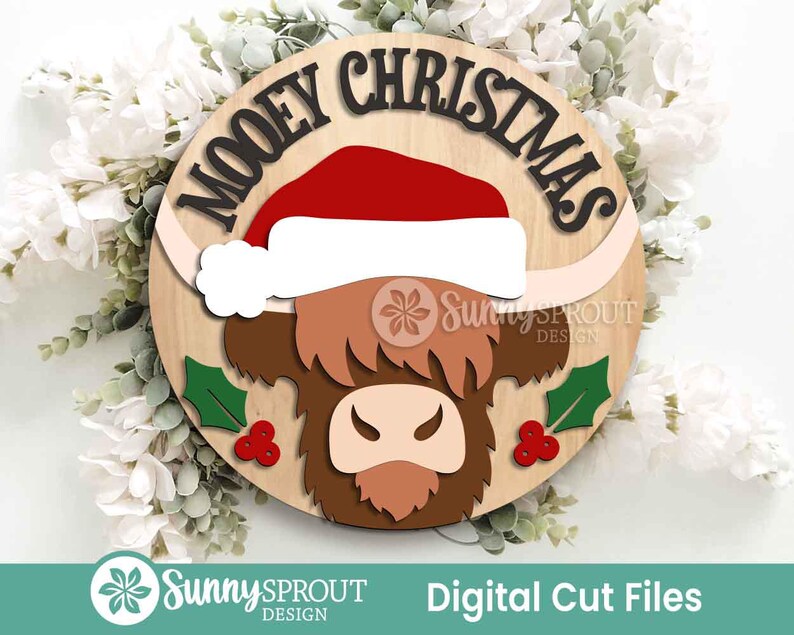 Mooey Christmas Highland Cow Sign, Digital Download, SVG Laser Cut File, Cricut, Round Door Hanger Design, Farmhouse Decor image 2