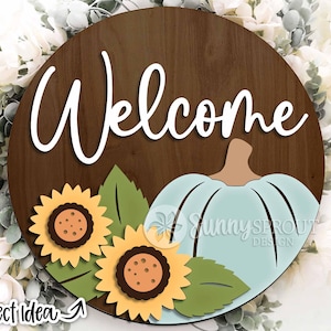 Placa de boas-vindas com girassóis e abóboras, Download digital, Suporte de porta redondo svg, Arquivo laser Glowforge, Cricut, Boas-vindas de outono svg, Decoração de outono