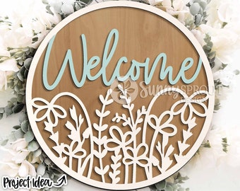 Willkommen Wildflower Runde Zeichen, digitaler Download, SVG Laser Cut-Datei, Cricut, Floral Sommer Runde Türschild Design