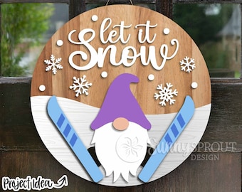 Let It Snow Ski Gnome, Round door hanger svg, Glowforge laser cut file, Cricut, Ski lodge sign svg, Winter decor