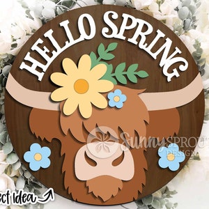 Bonjour signe vache Highland Spring, téléchargement numérique, accroche-porte rond svg, fichier laser Glowforge, Cricut, décor de ferme, svg floral printanier