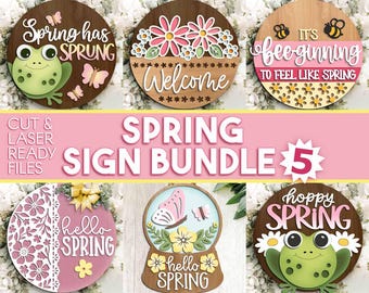 Frühlingsschild Bundle 5, rundes Türschild, Glowforge Laser-Datei, Cricut, Frühlingsblume Willkommensschild, Hallo Frühling