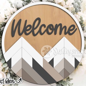 Geometryczny znak powitalny Mountain, pobieranie cyfrowe, okrągły wieszak na drzwi svg, plik wycinany laserowo Glowforge, wzór pikowania, rustykalny wystrój drzwi