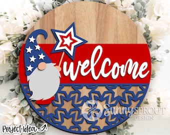 Welcome Patriotic Gnome Sign, Digital Download, SVG Laser Cut File, Cricut, Round Door Hanger Design, Patriotic 4th of July Decor