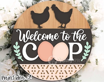 Välkommen till The Coop Egg Sign, Digital nedladdning, SVG laserskuren fil, Cricut, Rund dörrhängare design, Hönsgårdsdekor