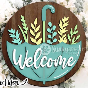Welcome Upside Down Umbrella Sign, Round door hanger svg, Glowforge laser cut file, Cricut, Spring welcome svg, Easter floral door sign svg