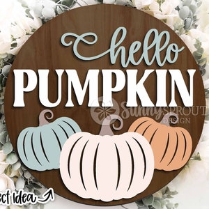 Bonjour citrouille trois citrouilles, téléchargement numérique, accroche-porte rond svg, fichier laser Glowforge, Cricut, panneau de bienvenue de la ferme automne automne