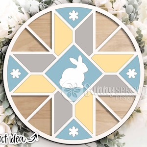 Enseigne de courtepointe lapin de Pâques, téléchargement numérique, accroche-porte rond svg, fichier laser Glowforge, Cricut, décoration croix de Pâques, enseigne de porte de printemps