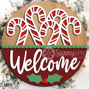 Welcome Candy Cane Sign, DIGITAL download, Round door hanger svg, Glowforge laser cut file, Cricut, Farmhouse Christmas holiday decor