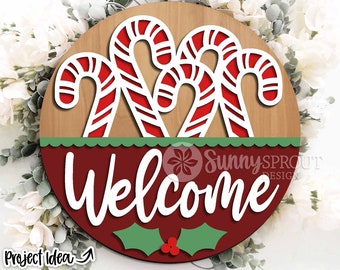 Welcome Candy Cane Sign, Digital Download, SVG Laser Cut File, Cricut, Round Door Hanger Design, Christmas Decor