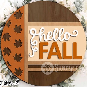 Bonjour signe de feuilles d'automne, téléchargement numérique, svg rond d'accroche-porte, fichier découpé au laser Glowforge, signe de modèle moderne, décor de porte boho de ferme